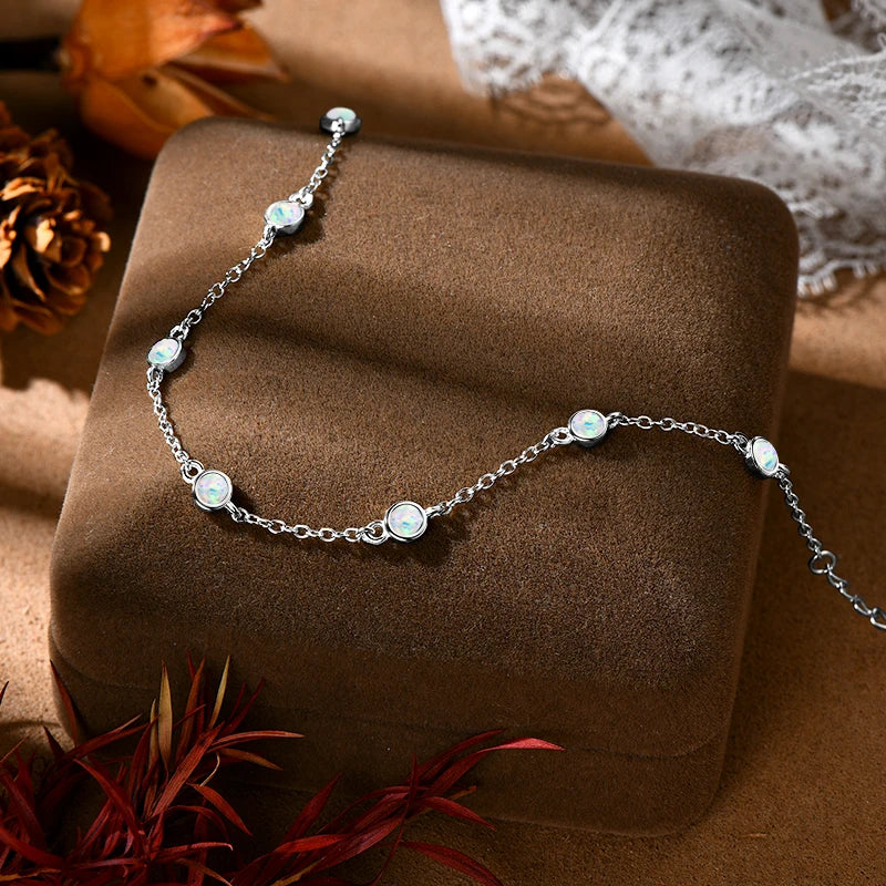 Womens Bezel Silver Adjustable Chain Opal Bracelet