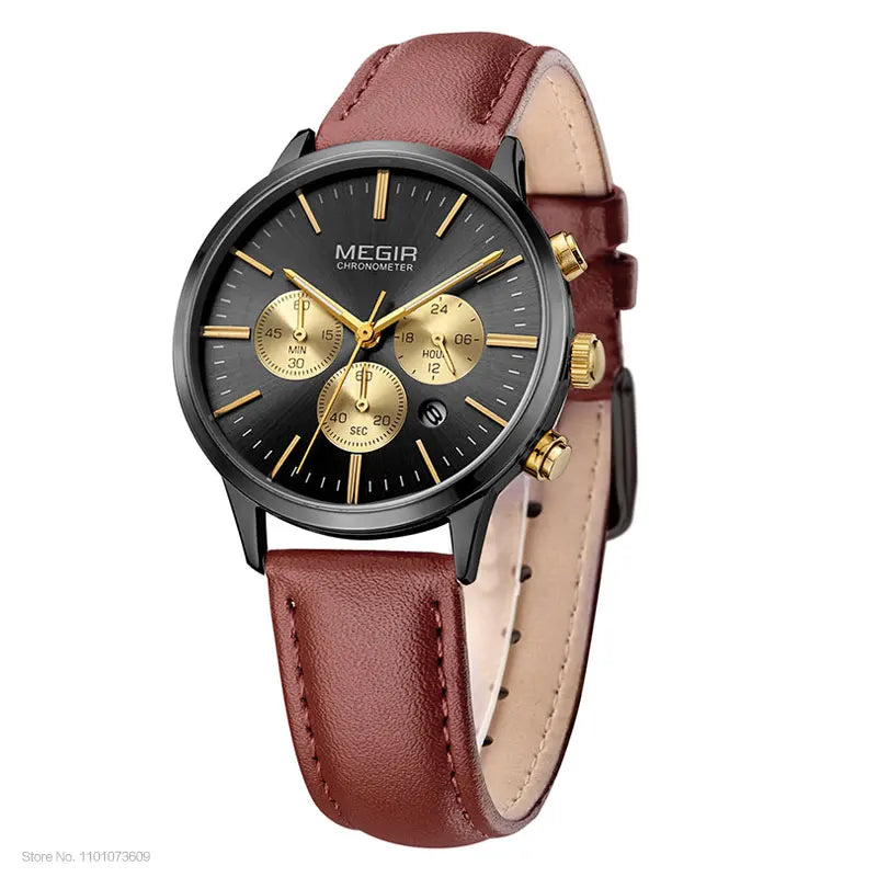 Chronograph Date Indicator Brown Leather Strap Quartz Watch for Women.