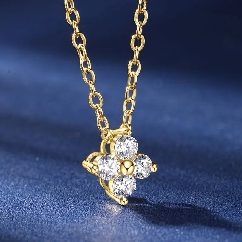 10K Gold Clover Flower Moissanite Necklace Adjustable Chain