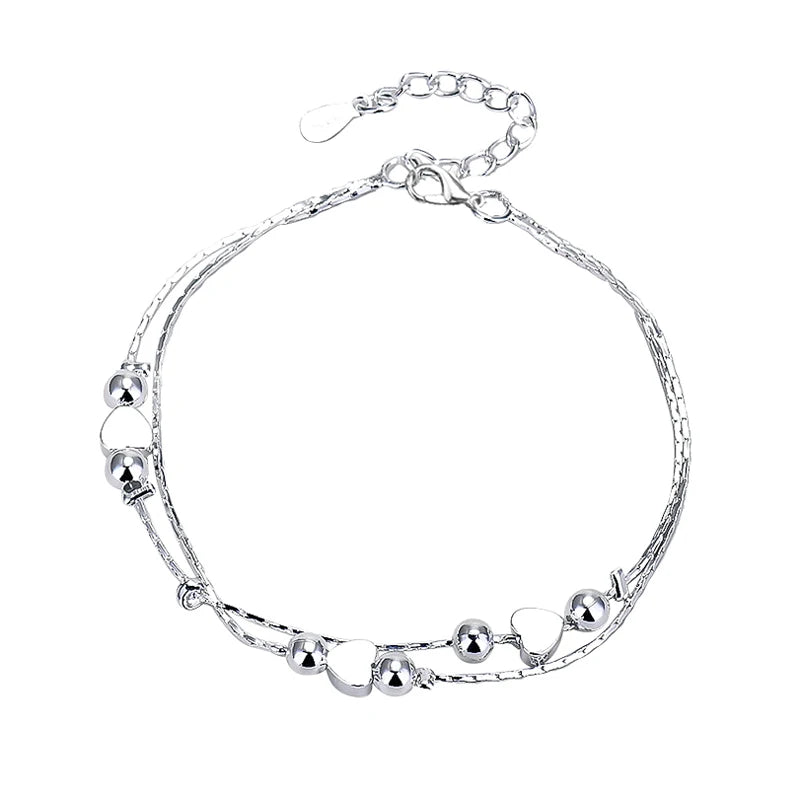 925 Sterling Silver Double Layers Heart & Star Charm Anklet