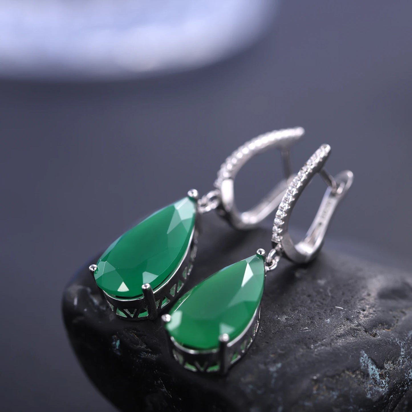 Women's 925  Sterling Silver Green Agate Drop Earrings