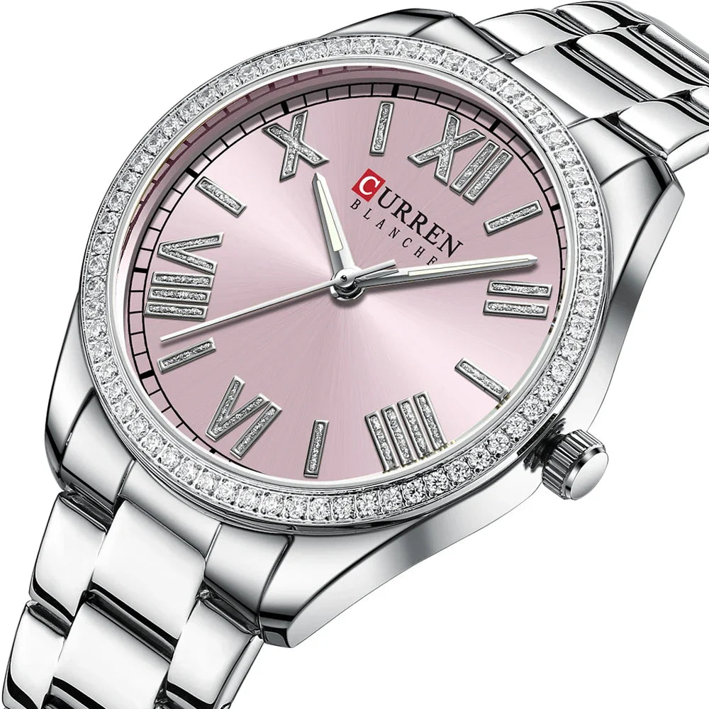 Ladies Stainless Steel Silver Rhinestone Dial Quartz Watch
