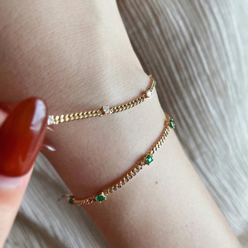 18K Yellow Gold Diamonds Emerald Cuban Chain Bracelets For Woman.