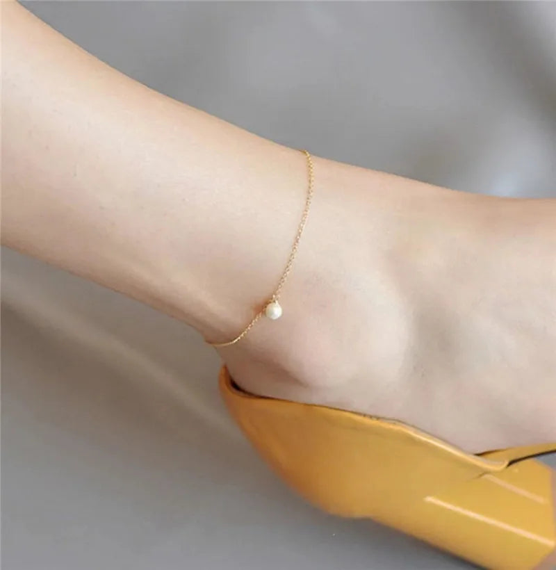 14K Gold Filled Pearl Anklet Minimalism Handmade Jewelry Women.