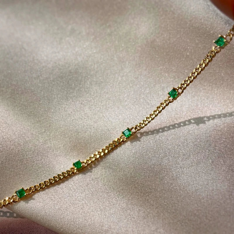 18K Yellow Gold Diamonds Emerald Cuban Chain Bracelets For Woman.