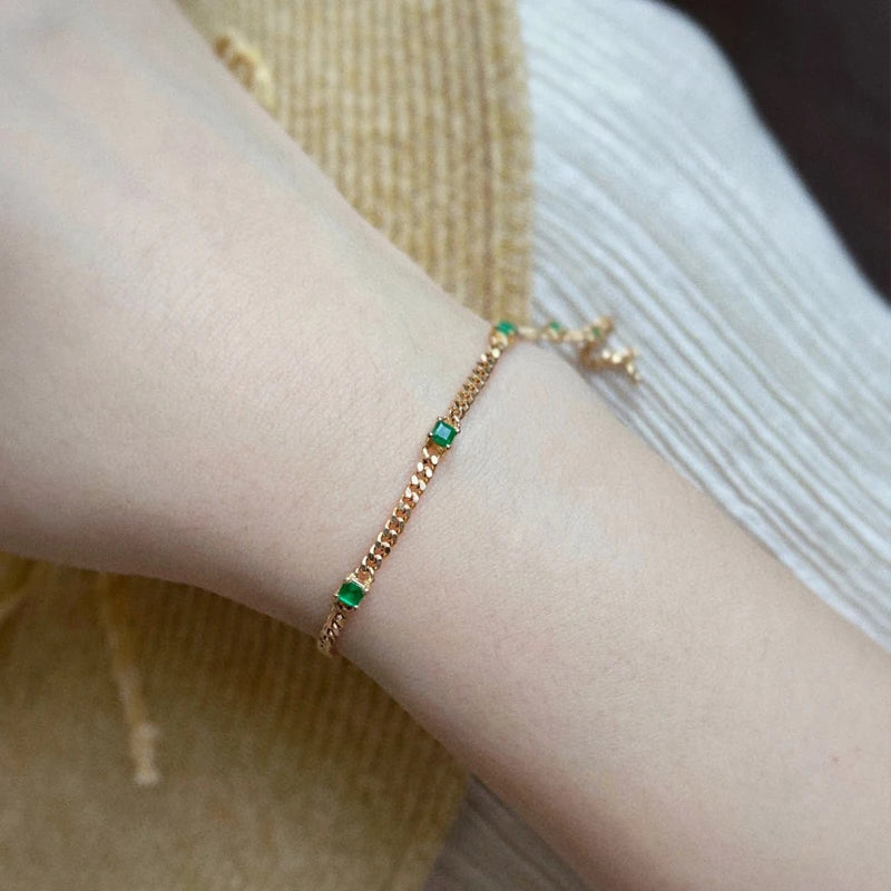 18K Yellow Gold Diamonds Emerald Cuban Chain Bracelets For Woman.