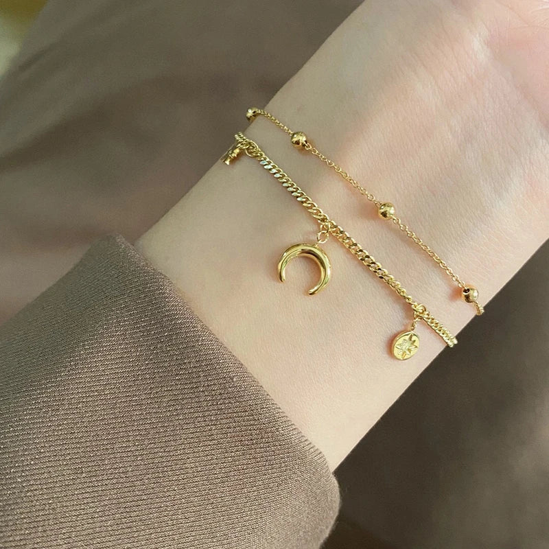 18K Yellow Gold Diamond Moon Star Double Chains Bracelets For Woman.