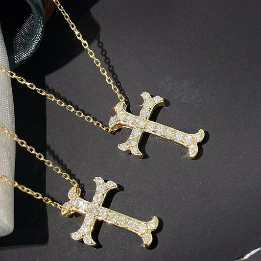 Yellow Gold Diamonds Cross Necklace Chain 45CM for Mens & Women