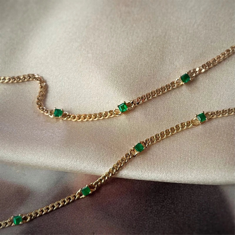 18K Yellow Gold Diamonds Emerald Cuban Chain Bracelets For Woman.