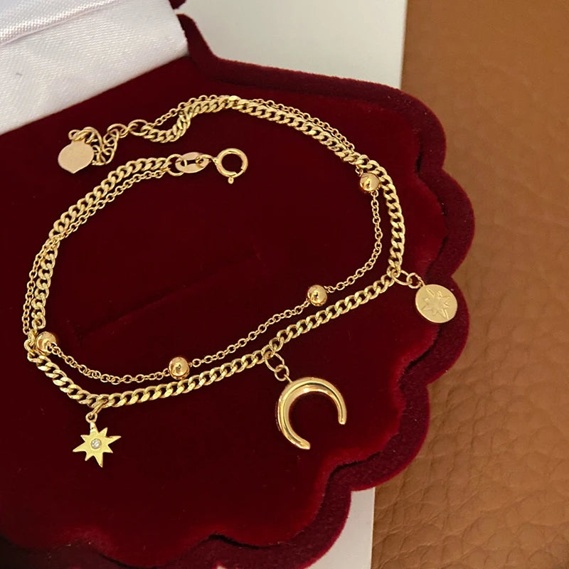 18K Yellow Gold Diamond Moon Star Double Chains Bracelets For Woman.