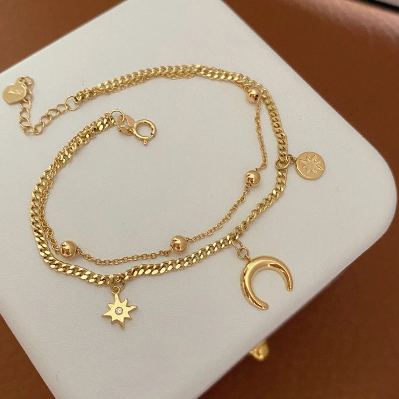 18K Yellow Gold Diamond Moon Star Double Chains Bracelets For Woman.