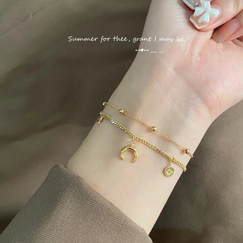 18K Yellow Gold Diamond Moon Star Double Chains Bracelets For Woman.