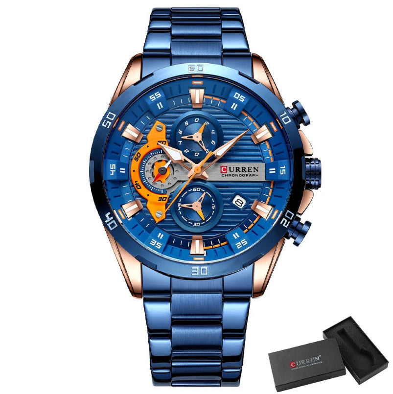 Curren men's steel quartz chronograph luminous watch in blue with stainless steel band and accessories.