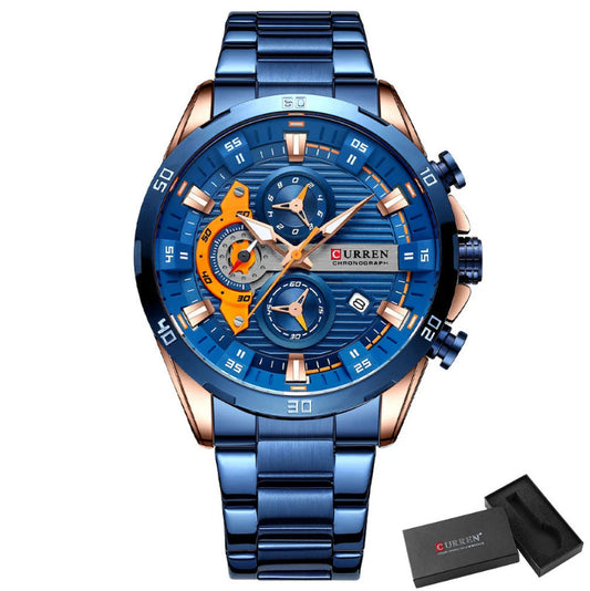 Curren men's steel quartz chronograph luminous watch in blue with stainless steel band and accessories.
